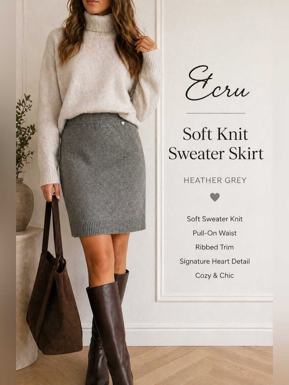 Ecru Soft Knit Sweater Skirt – Heather Grey | Cozy Minimalist Chic